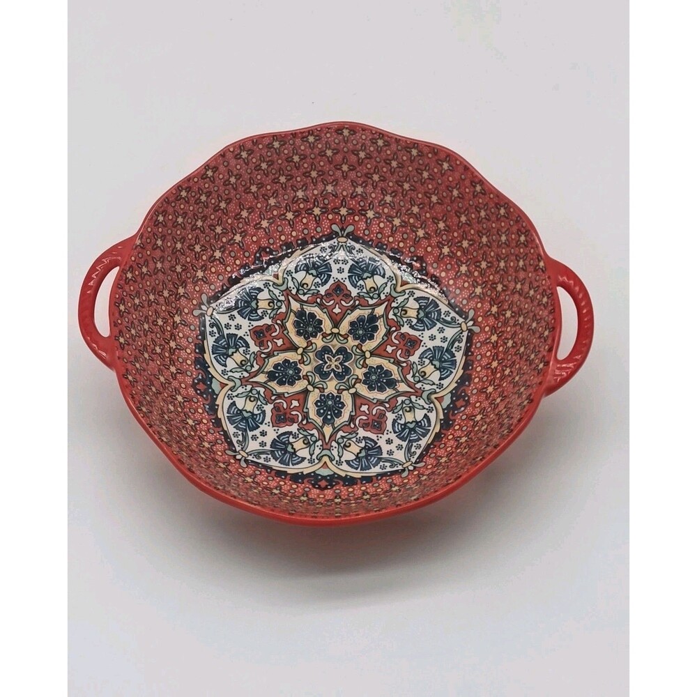 Boho Ceramic Serving Bowl Mandala Style Scalloped Wavy Rim